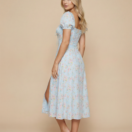 Madeline | Floral Puff Sleeve Boho Midi Dress with Corset Bodice