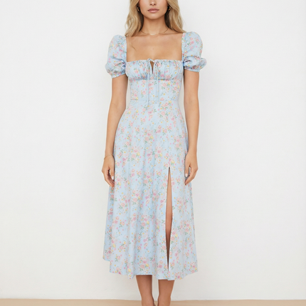 Madeline | Floral Puff Sleeve Boho Midi Dress with Corset Bodice