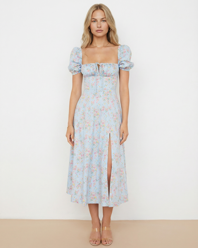 Madeline | Floral Puff Sleeve Boho Midi Dress with Corset Bodice