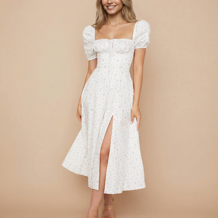 Madeline | Floral Puff Sleeve Boho Midi Dress with Corset Bodice