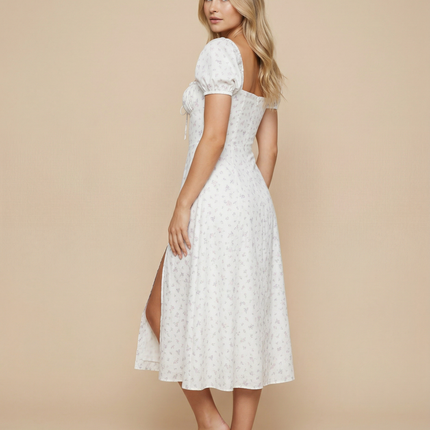 Madeline | Floral Puff Sleeve Boho Midi Dress with Corset Bodice