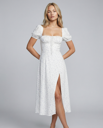 Madeline | Floral Puff Sleeve Boho Midi Dress with Corset Bodice