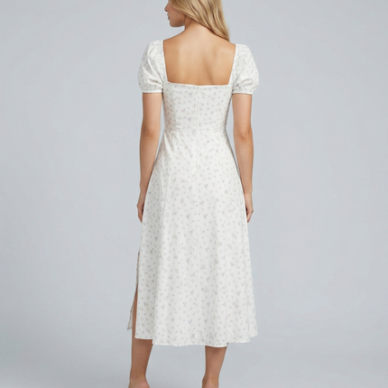 Madeline | Floral Puff Sleeve Boho Midi Dress with Corset Bodice