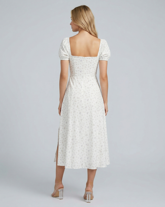 Madeline | Floral Puff Sleeve Boho Midi Dress with Corset Bodice