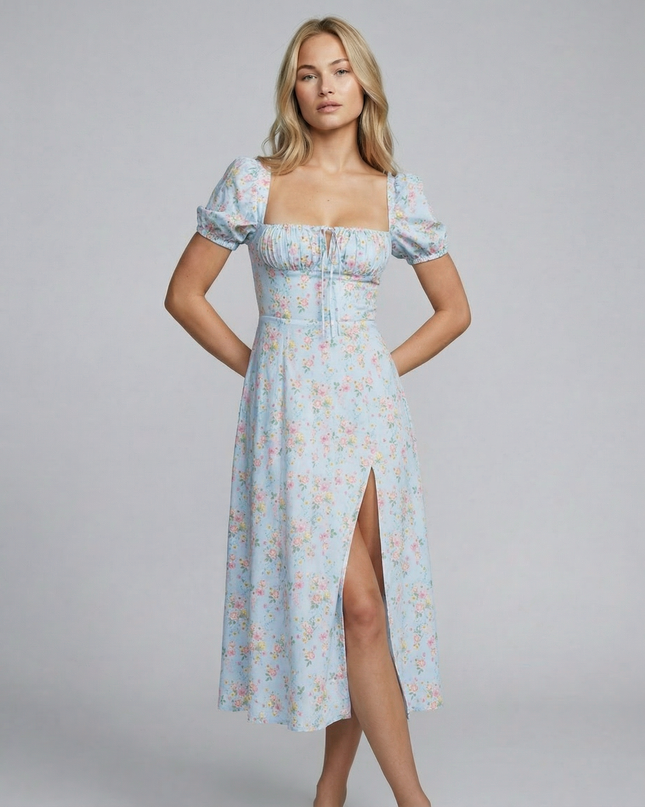 Madeline | Floral Puff Sleeve Boho Midi Dress with Corset Bodice