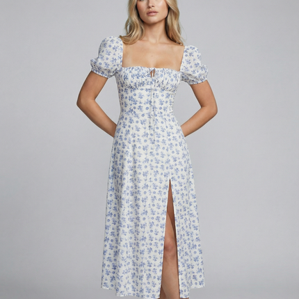 Madeline | Floral Puff Sleeve Boho Midi Dress with Corset Bodice