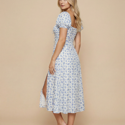 Madeline | Floral Puff Sleeve Boho Midi Dress with Corset Bodice
