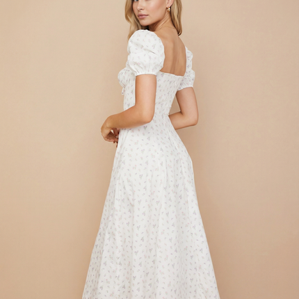 Madeline | Floral Puff Sleeve Boho Midi Dress with Corset Bodice