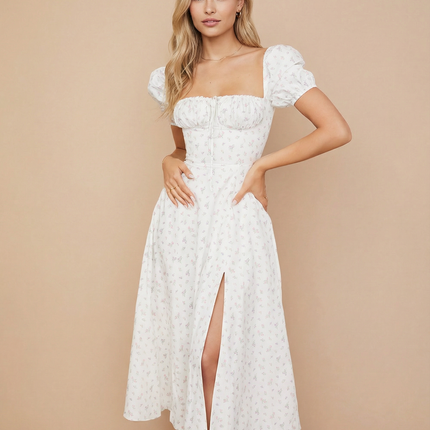 Madeline | Floral Puff Sleeve Boho Midi Dress with Corset Bodice
