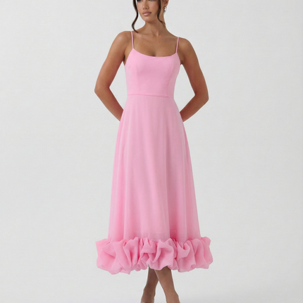 Reagan | Flounce Bustier Midi Dress with Corset Bodice