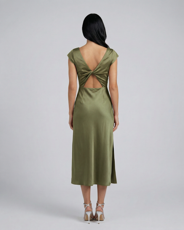 Jaime | Satin Midi Dress with Open Back Twist