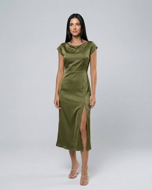 Jaime | Satin Midi Dress with Open Back Twist