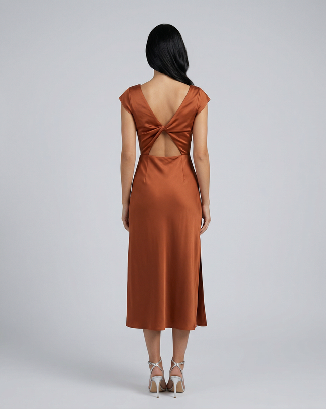 Jaime | Satin Midi Dress with Open Back Twist