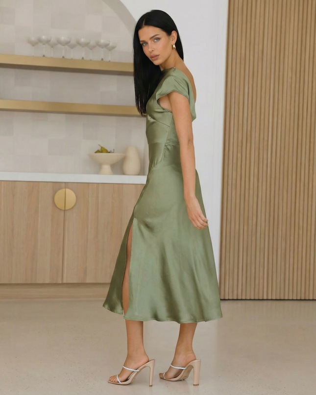 Jaime | Satin Midi Dress with Open Back Twist