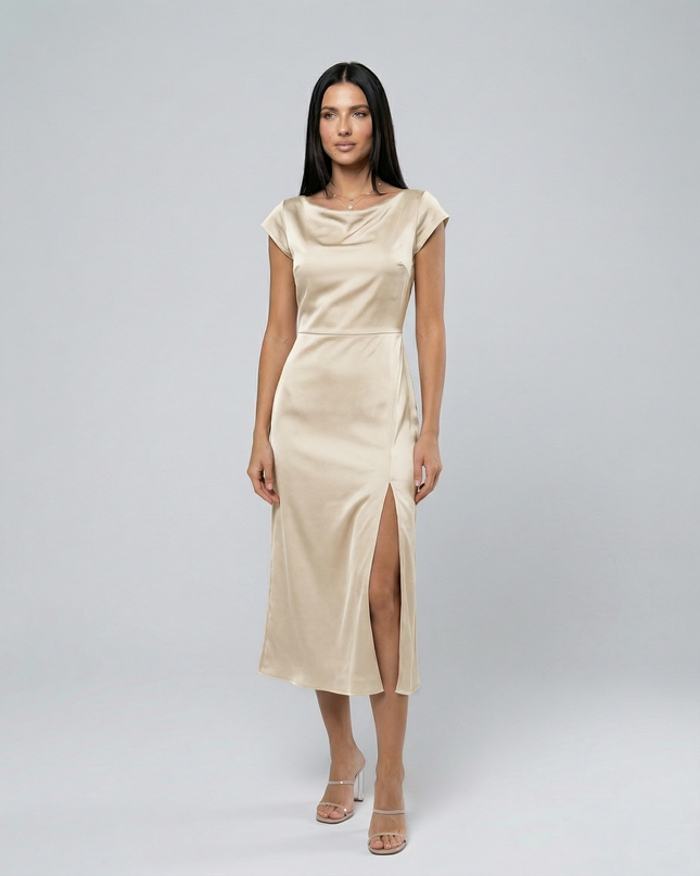 Jaime | Satin Midi Dress with Open Back Twist