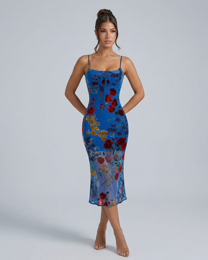 Genesis | Floral Backless Midi Dress with Spaghetti Straps
