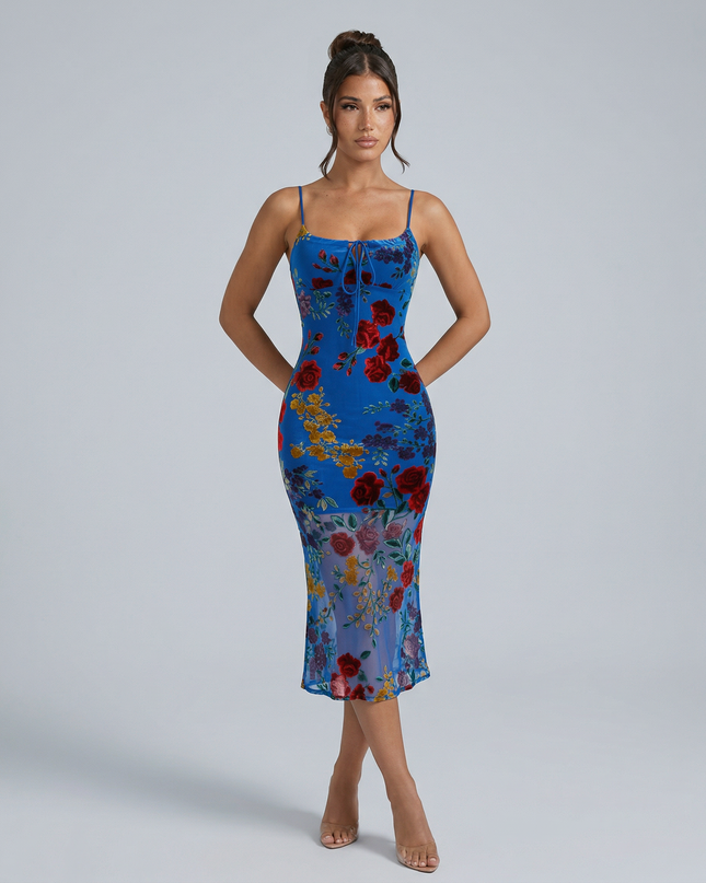 Genesis | Floral Backless Midi Dress with Spaghetti Straps
