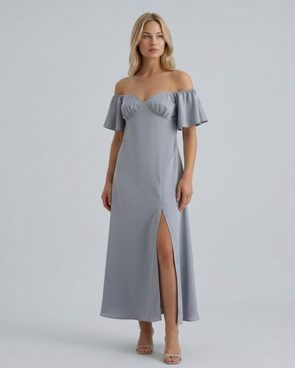 Louisa | Off Shoulder Midi Dress with Ruffle Sleeves