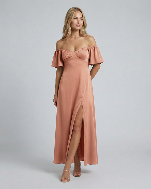 Louisa | Off Shoulder Midi Dress with Ruffle Sleeves