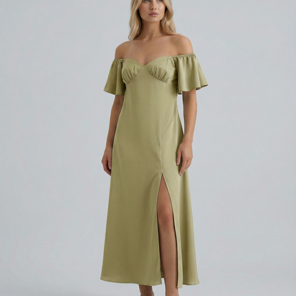 Louisa | Off Shoulder Midi Dress with Ruffle Sleeves