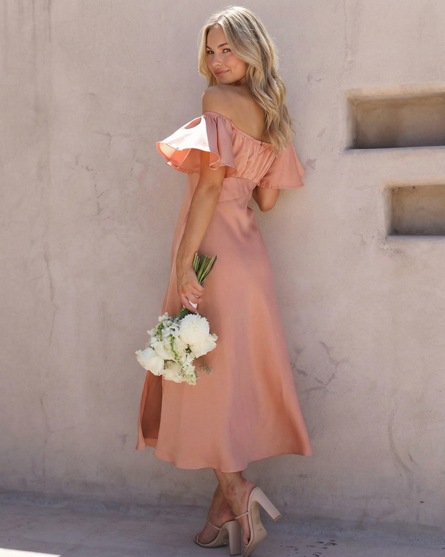 Louisa | Off Shoulder Midi Dress with Ruffle Sleeves