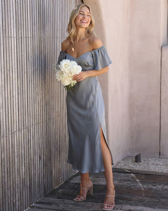 Louisa | Off Shoulder Midi Dress with Ruffle Sleeves