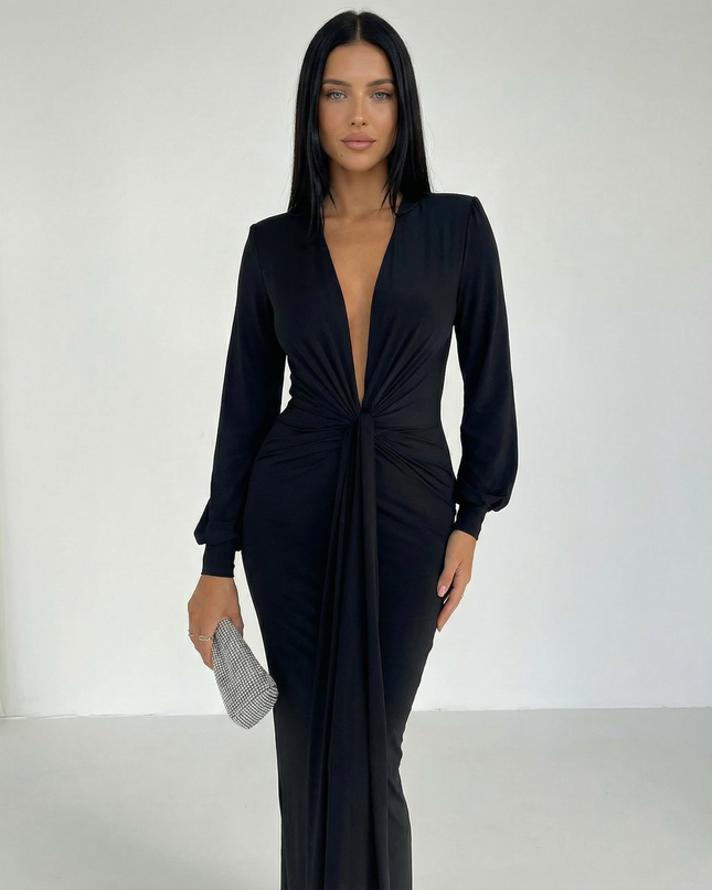 Rose | Long Sleeve Midi Dress with Front Knot Detail