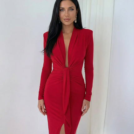 Rose | Long Sleeve Midi Dress with Front Knot Detail