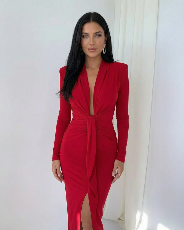 Rose | Long Sleeve Midi Dress with Front Knot Detail