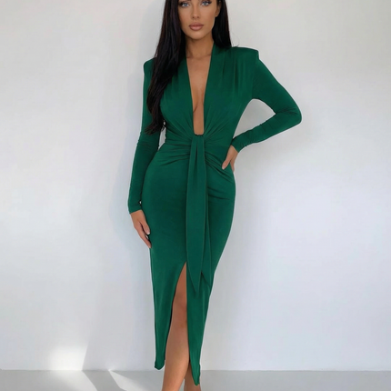 Rose | Long Sleeve Midi Dress with Front Knot Detail