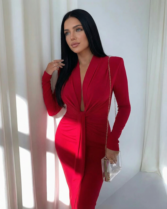 Rose | Long Sleeve Midi Dress with Front Knot Detail
