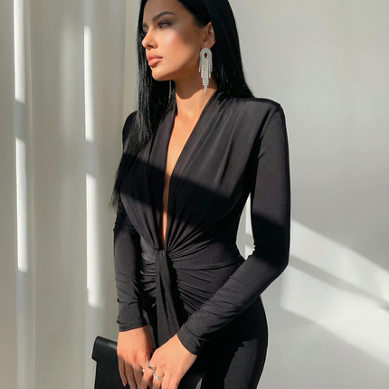 Rose | Long Sleeve Midi Dress with Front Knot Detail