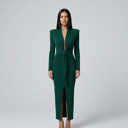 Rose | Long Sleeve Midi Dress with Front Knot Detail