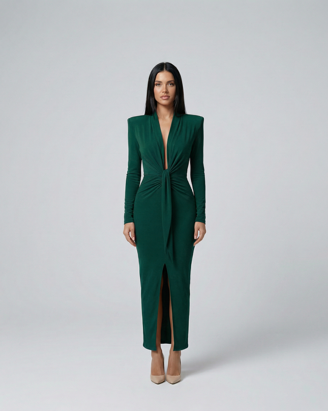 Rose | Long Sleeve Midi Dress with Front Knot Detail