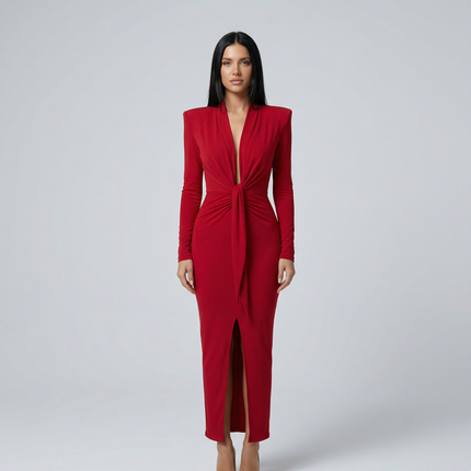 Rose | Long Sleeve Midi Dress with Front Knot Detail