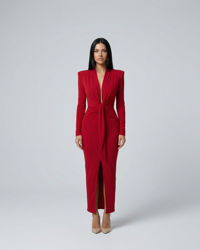 Rose | Long Sleeve Midi Dress with Front Knot Detail