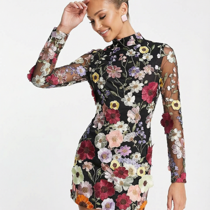 Anne | Mini Dress with Sheer Floral Embroidery