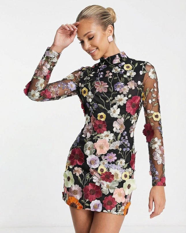 Anne | Mini Dress with Sheer Floral Embroidery