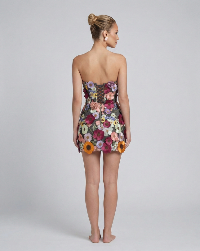 Julia | Strapless Mini Dress with 3D Floral Embroidery