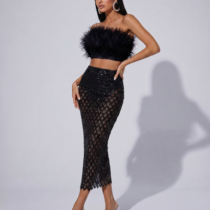 Ansley | Strapless Feather Top and Sequin Mesh Skirt Set