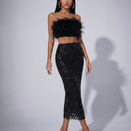 Ansley | Strapless Feather Top and Sequin Mesh Skirt Set