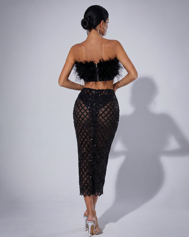 Ansley | Strapless Feather Top and Sequin Mesh Skirt Set