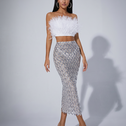 Ansley | Strapless Feather Top and Sequin Mesh Skirt Set