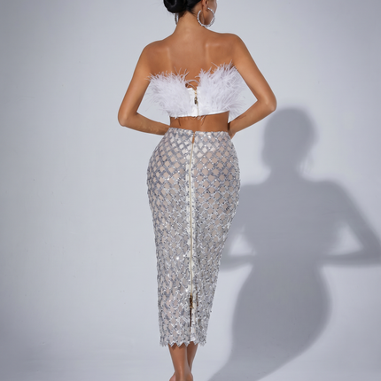 Ansley | Strapless Feather Top and Sequin Mesh Skirt Set