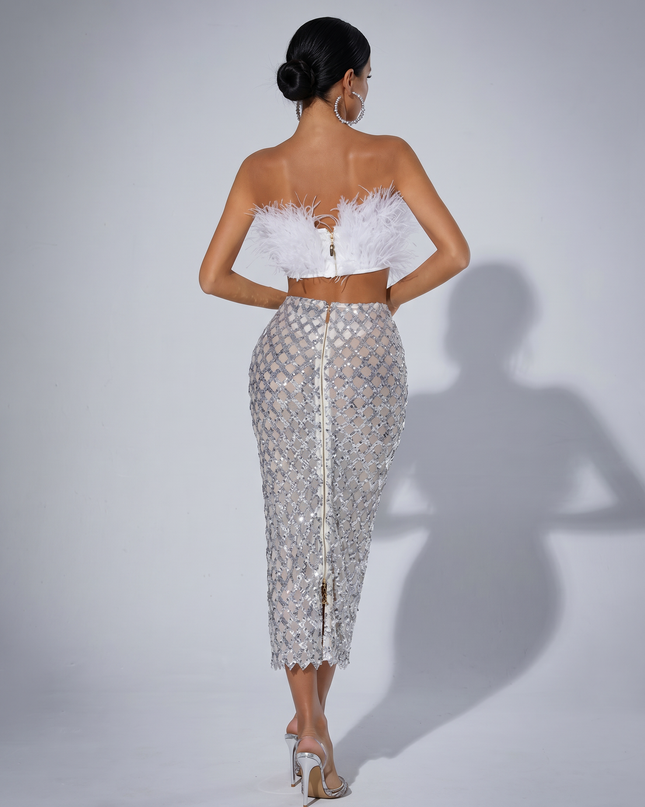 Ansley | Strapless Feather Top and Sequin Mesh Skirt Set