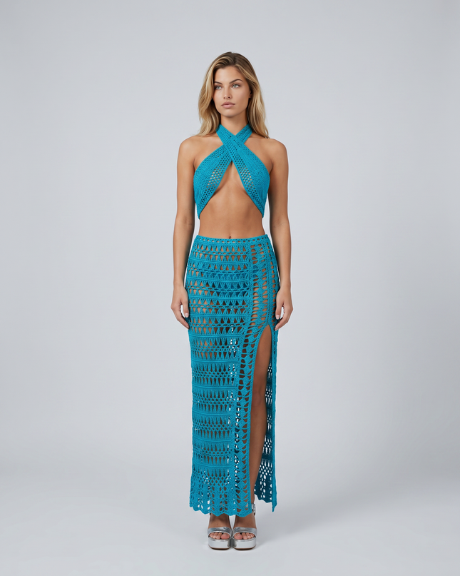 Anne | Crochet Knit Two-Piece Set with Halter Top