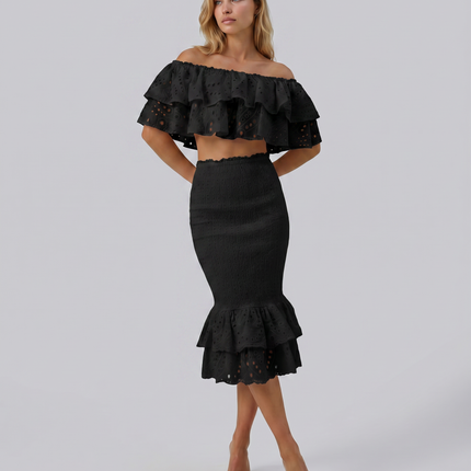 Liorah | Embroidered Ruffle Top and Midi Skirt Set