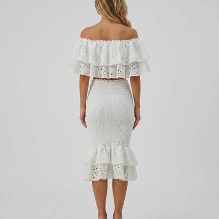 Liorah | Embroidered Ruffle Top and Midi Skirt Set