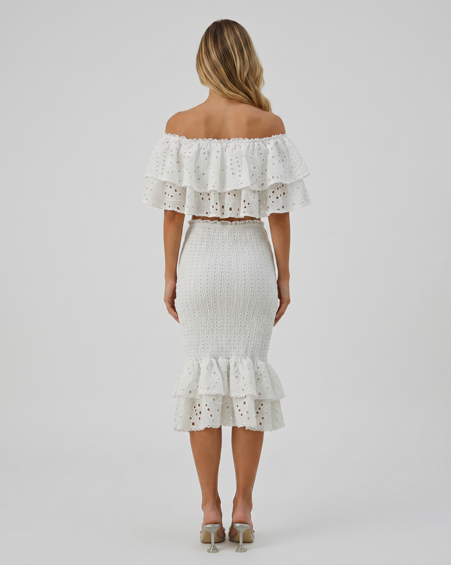 Liorah | Embroidered Ruffle Top and Midi Skirt Set
