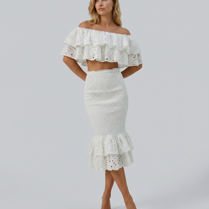 Liorah | Embroidered Ruffle Top and Midi Skirt Set